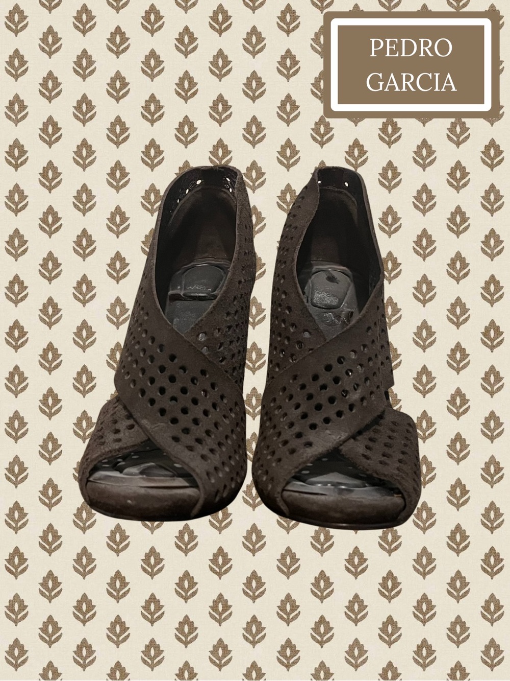 Pedro Garcia Dark Brown Perforated Suede Crossover Peep-Toe Heels